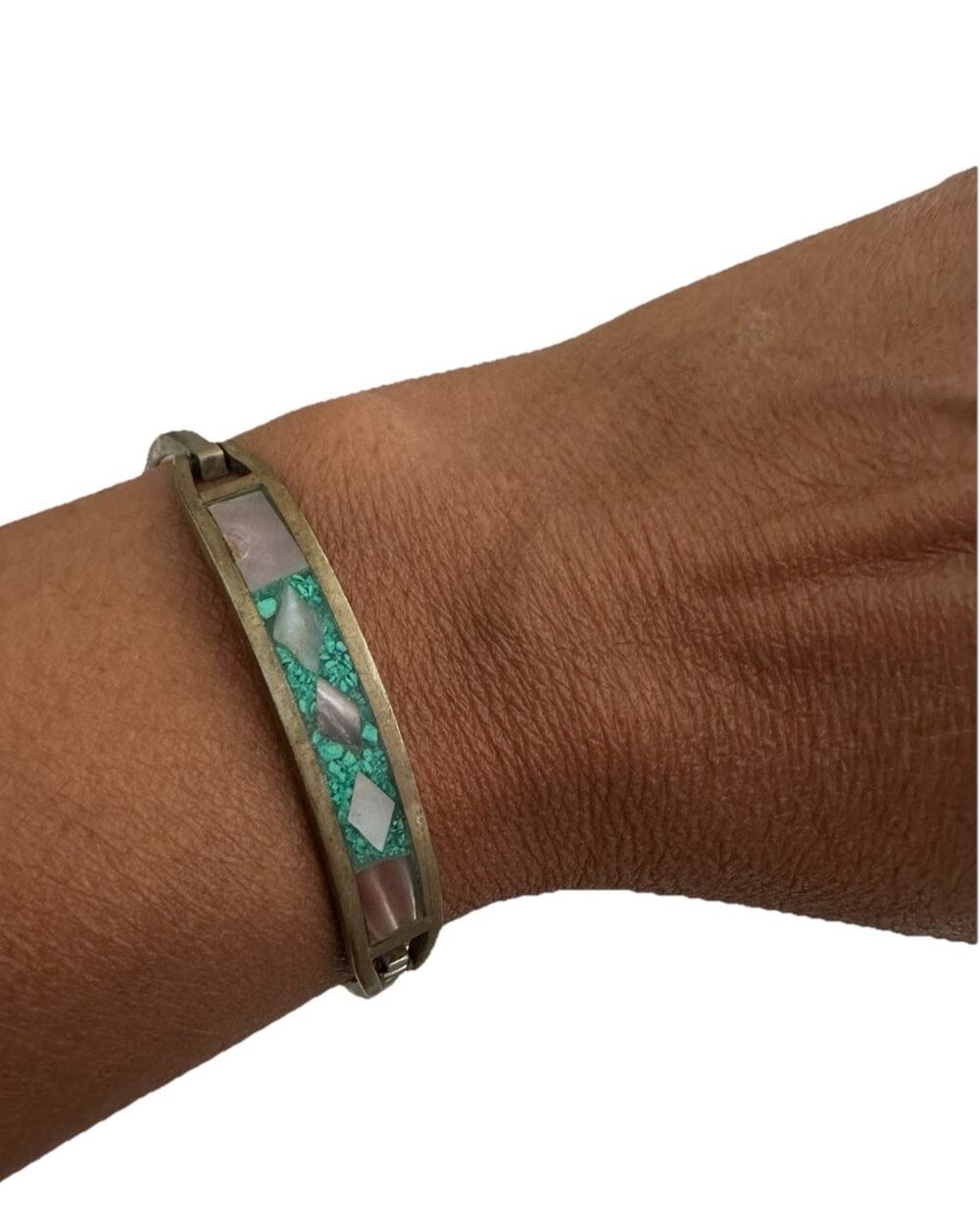 Mexican Taxco Bracelet Abalone & Turquoise Green Stone Inlay Hinged Bangle